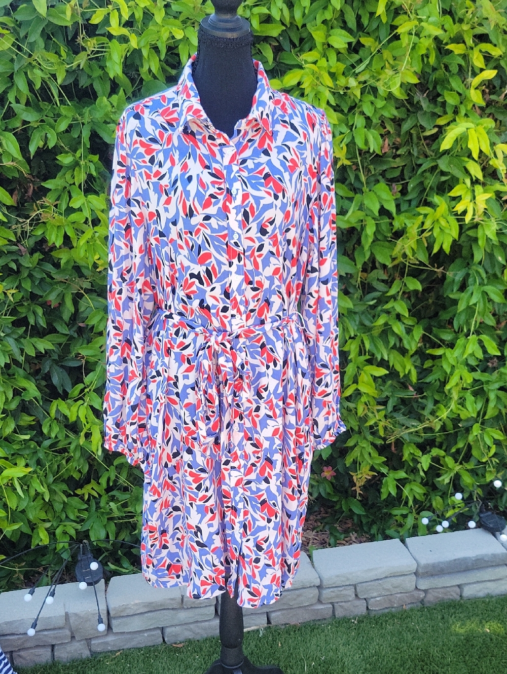 Well Worn Floral Print Long Sleeve Button Down Tie Waist Dress XL